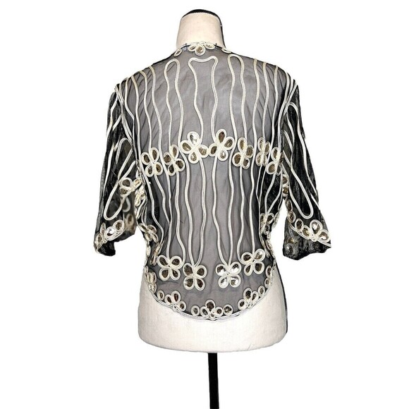 Simply Couture Cardigan Black Mesh Gold Sequined Flutter Sleeves‎ Open Front S - Picture 2 of 11